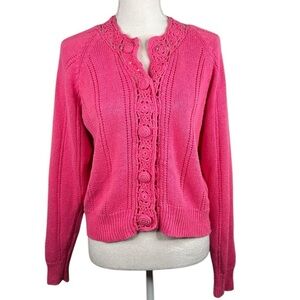 Gerard Works Pink Crochet Knit Cottagecore Long Sleeve Classic Sweater Medium